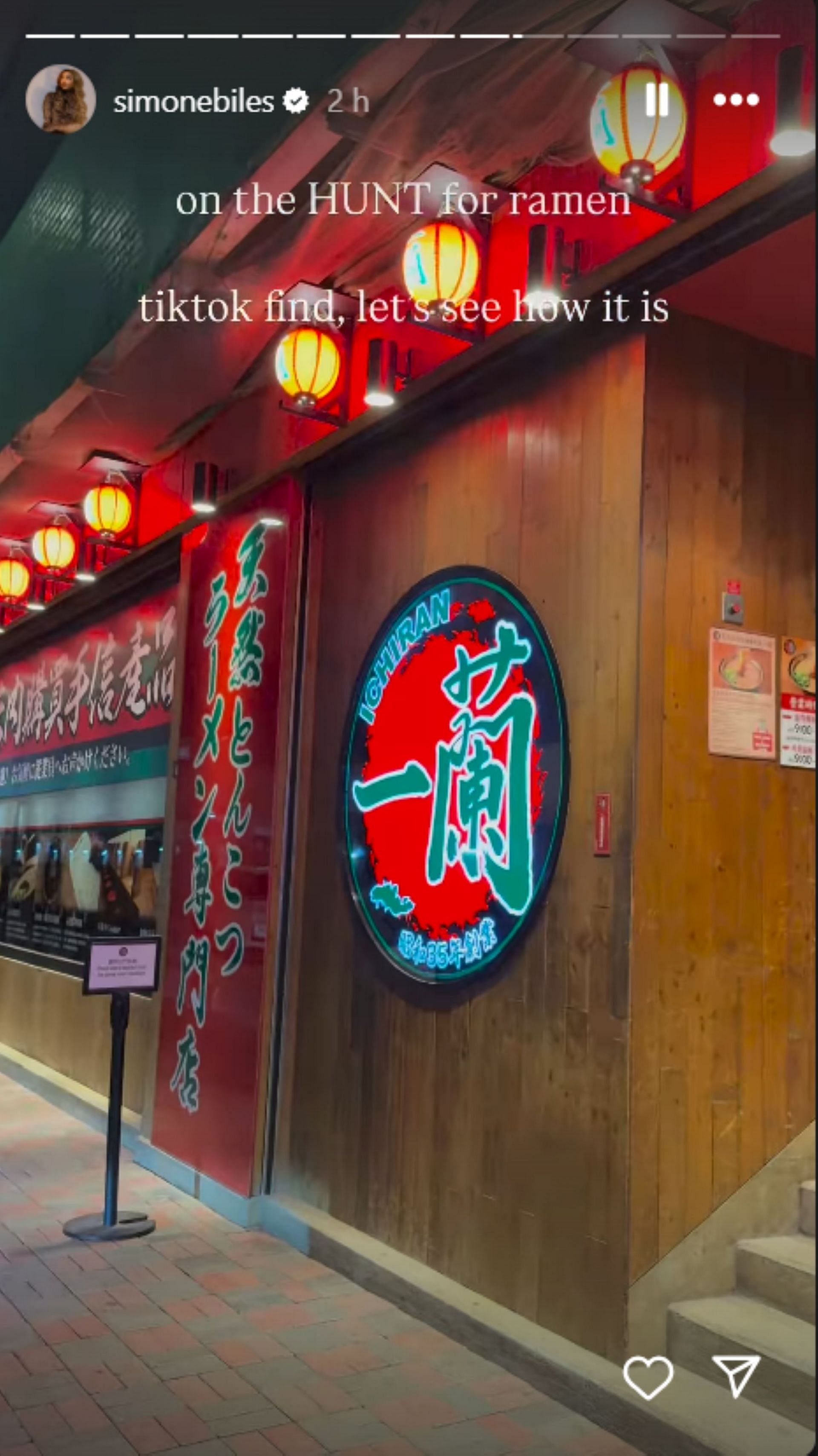 Simone Biles arrived at a TikTok-recommended ramen place; Instagram - @simonebiles